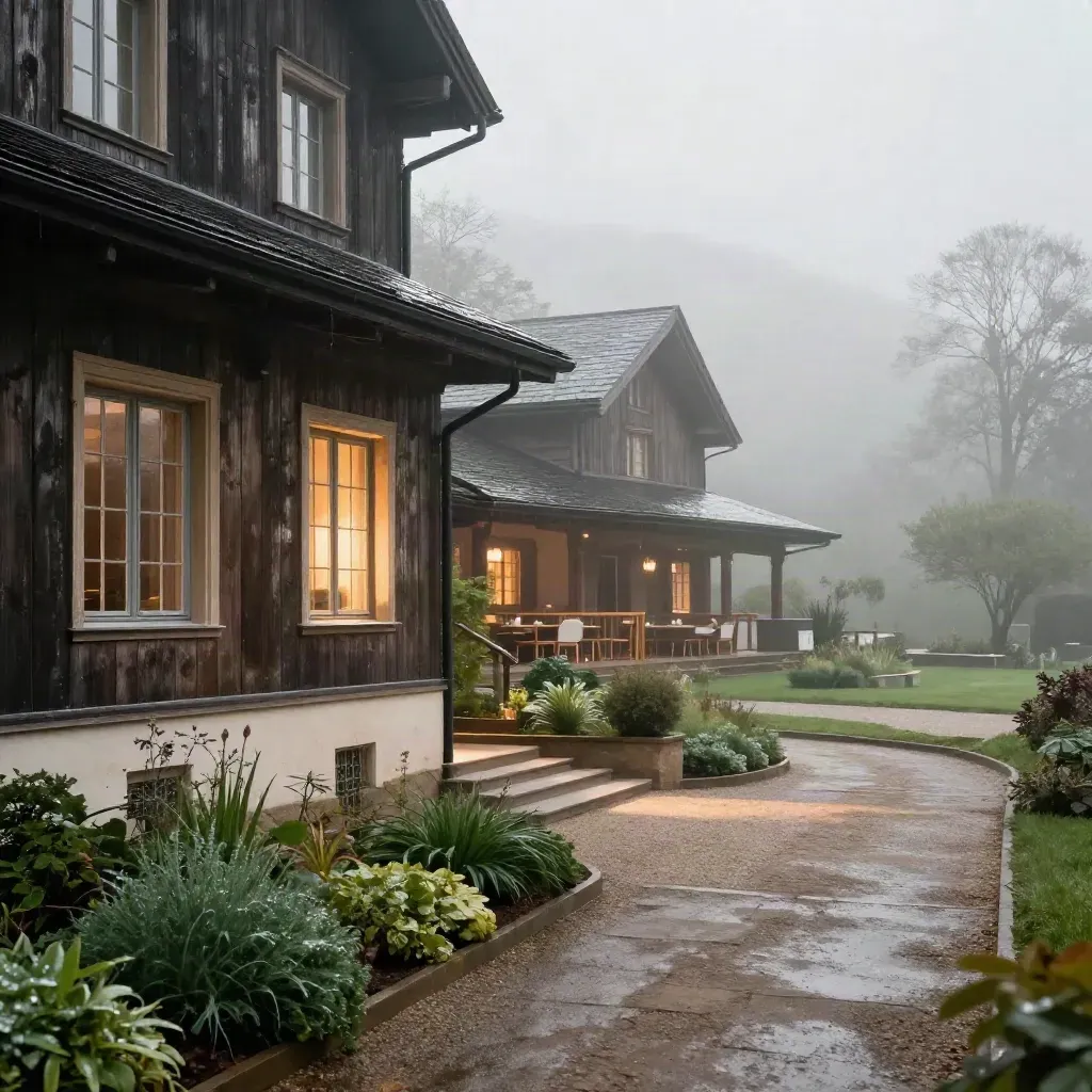 Hotelgebäude mit Spa-Flügel und Frühstücksterrasse im Morgennebel nach Regen.
