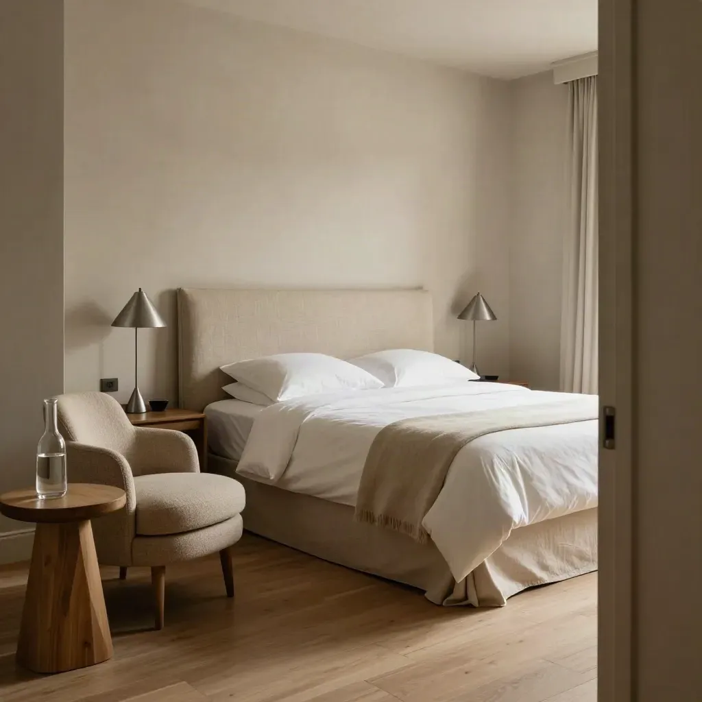 Helles Doppelzimmer mit gemachtem Bett, Sessel, Karaffe und sanftem Morgenlicht.
