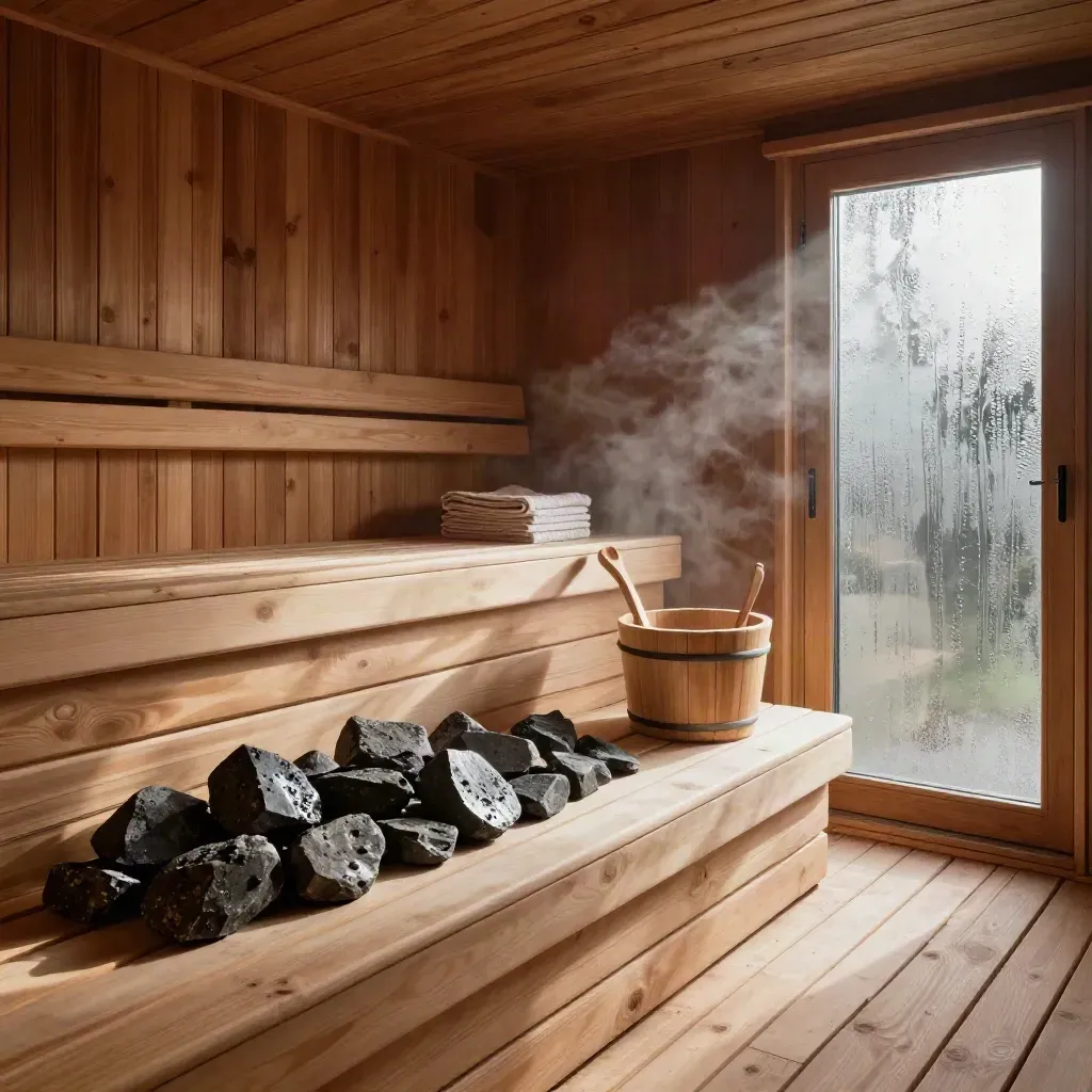 Leere Sauna mit Holzbänken, Eimer, Schöpfkelle, Handtüchern und Dampf im warmen Licht