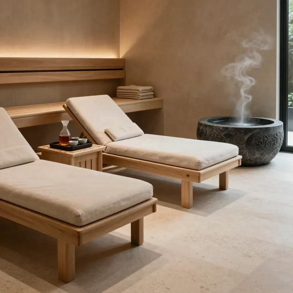 Wellnesslounge mit Liegen, Handtüchern, Kräutertee und Steinwasserfeature nach der Sauna.