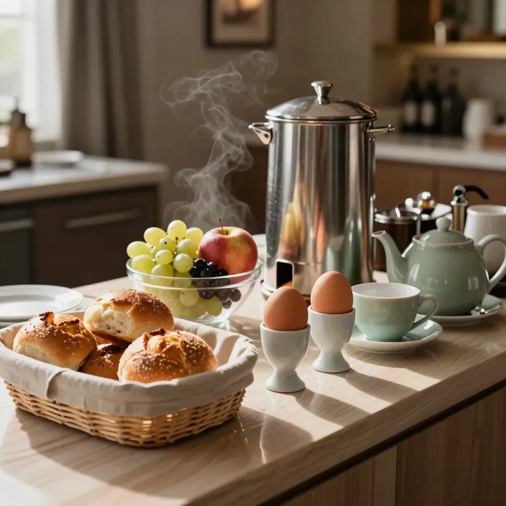 Frühstücksbuffet mit Brötchen, Obst, Eiern und dampfendem Kaffee im warmen Hotellicht