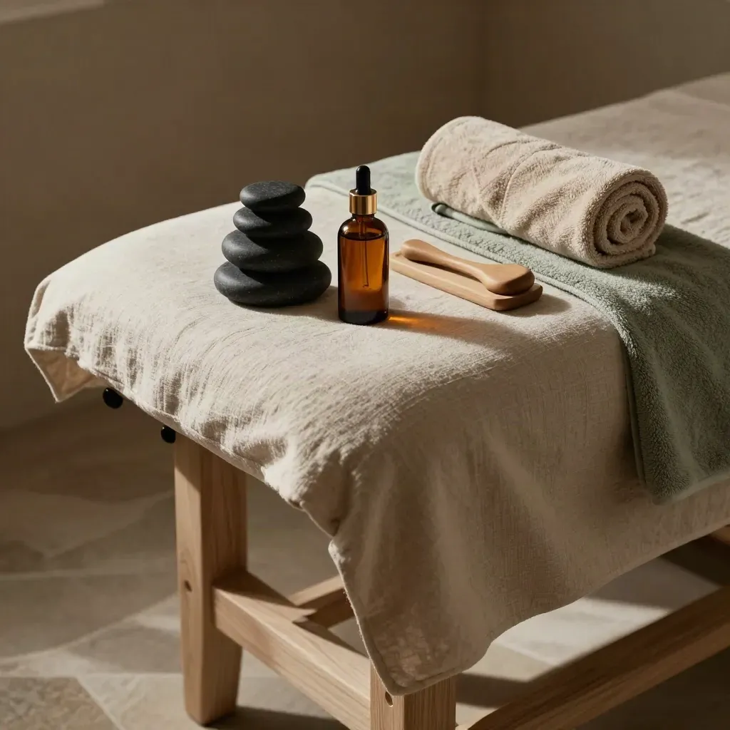 Massagebereich mit Steinen, Ölflasche und aufgerollten Handtüchern im warmen Licht