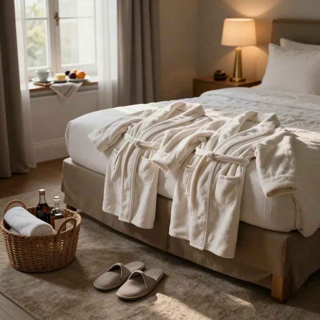 Doppelzimmer mit Bademänteln, Pantoffeln, Spa-Korb und Frühstücksablage am Fenster.
