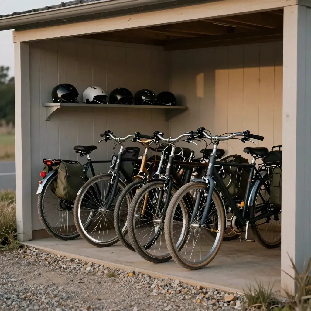 Sechs Tourenräder im Hotel-Fahrradschuppen bei warmem Abendlicht und ruhiger Ordnung.