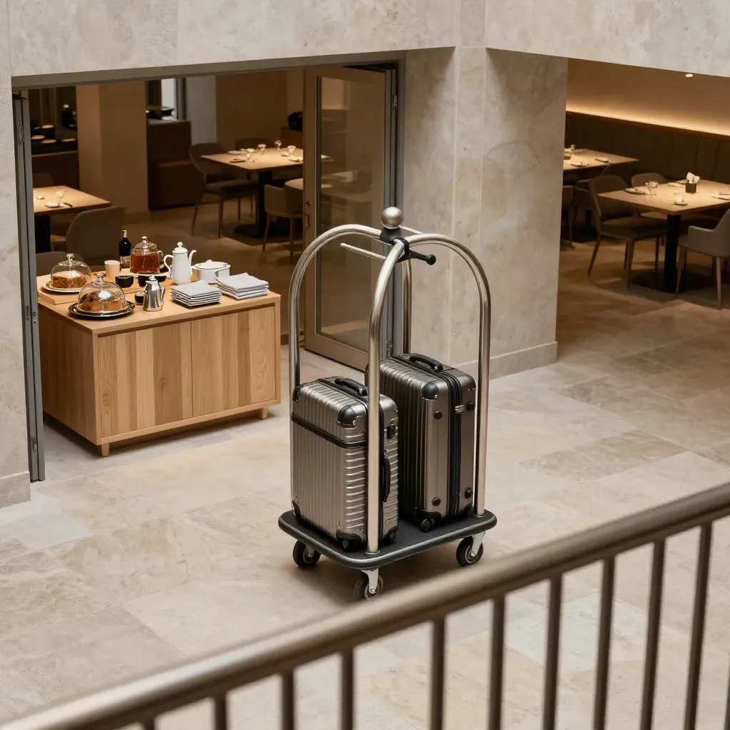 Blick von der Galerie auf Trolley, Frühstücksbuffet und offene Seminarräume im Hotel.