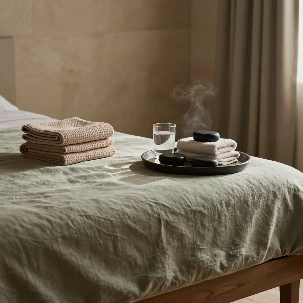 Spa-Schlafzimmer mit Handtüchern, Slippern, Wassergläsern und Wellness-Set im warmen Dämmerlicht.