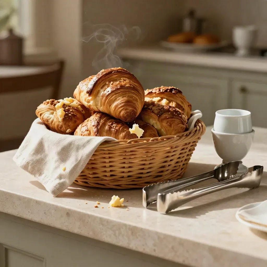 Croissantkorb mit Leinentuch, Eierschale und Servierzange auf hellem Steinsockel.
