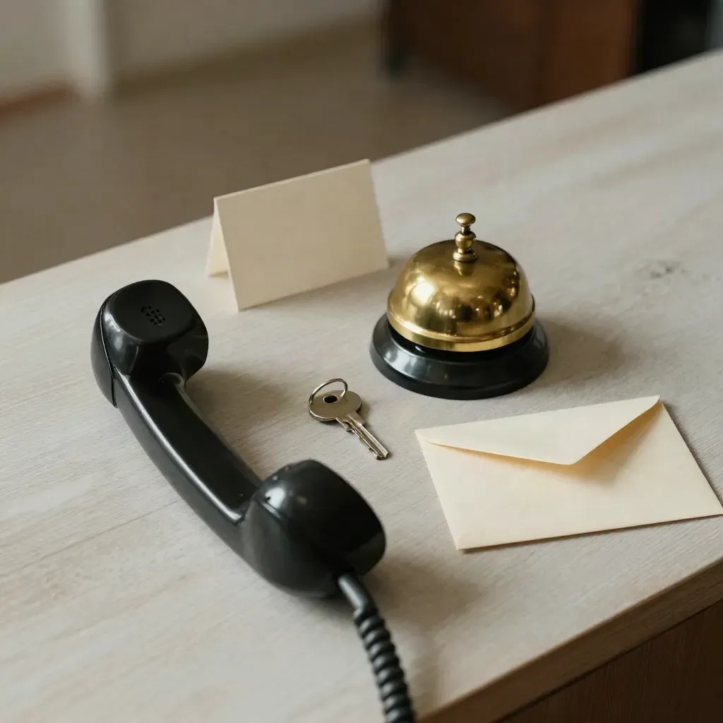 Schwarzer Telefonhörer, Messingklingel und Zimmerschlüssel auf hellem Holz.