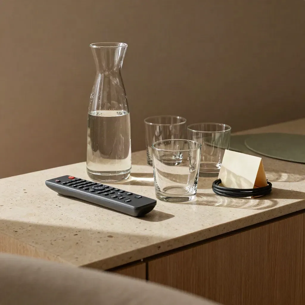 Konferenz-Servicestillleben mit Wasserkaraffe, Gläsern, Fernbedienung und Kabelband.