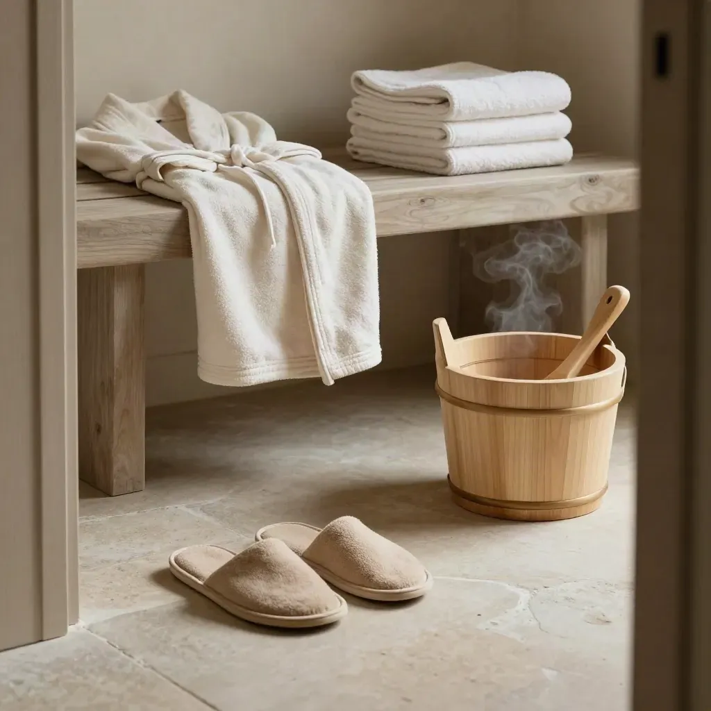 Slipper, Bademantel, Handtücher und Saunakübel neben einer Bank im Ruhebereich
