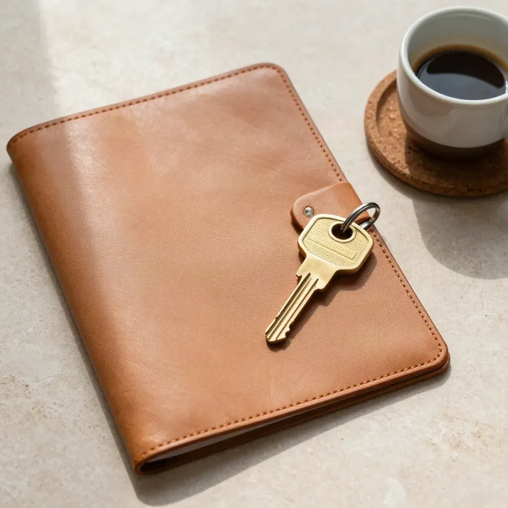 Lehnleder-Folio mit Zimmerschlüssel und Espressotasse auf hellem Stein
