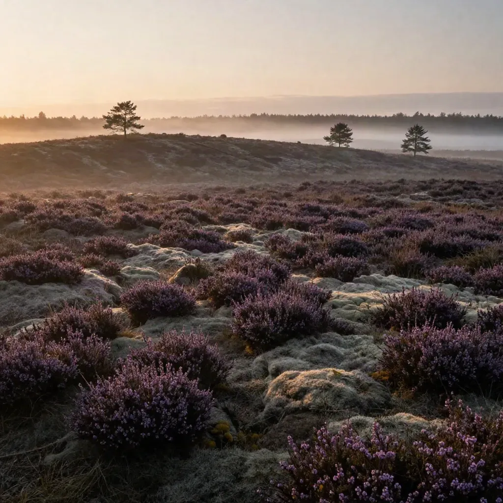 Neblige Heide mit einsamen Kiefern bei Sonnenaufgang, Horizont hoch im Bild.