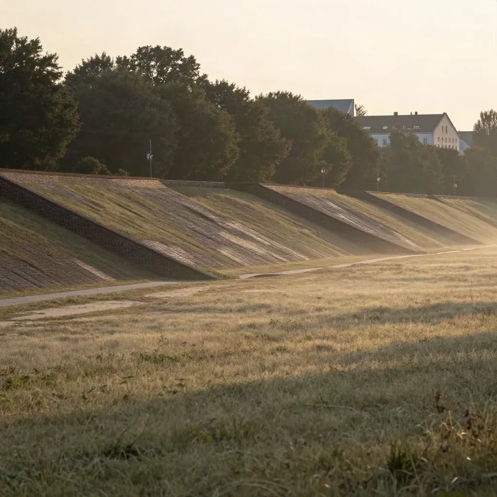 Abendliches Grünband in Hannover Nord mit Ziegelkanten, Bäumen und weicher Skyline.