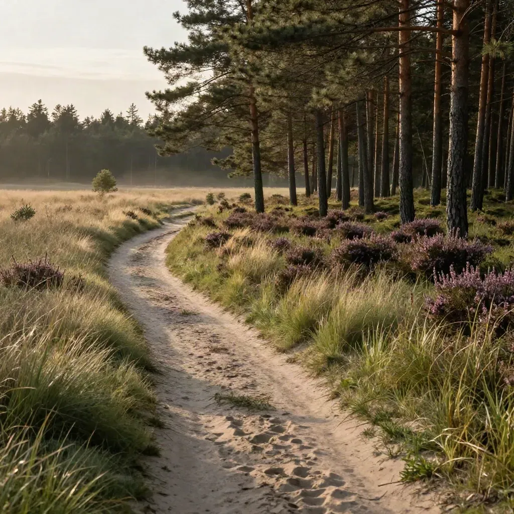 Südheide mit sandigem Pfad, Kiefernsaum, Heidegras und warmem Abendlicht.